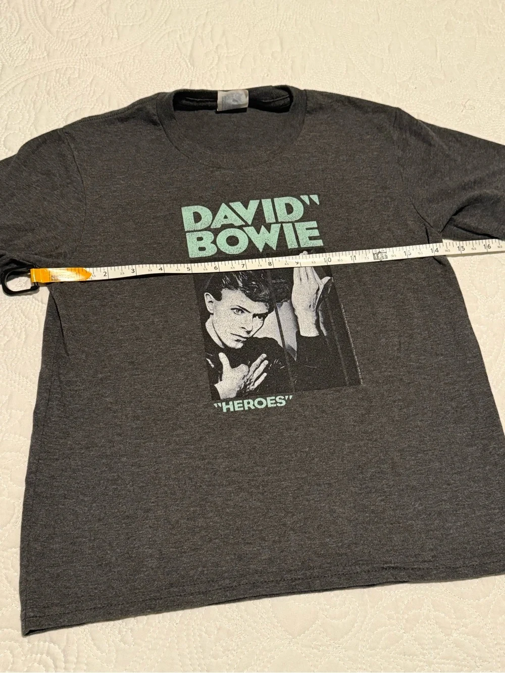 David Bowie 'Heroes' Short Sleeve Graphic Tee - Charcoal with Mint Print